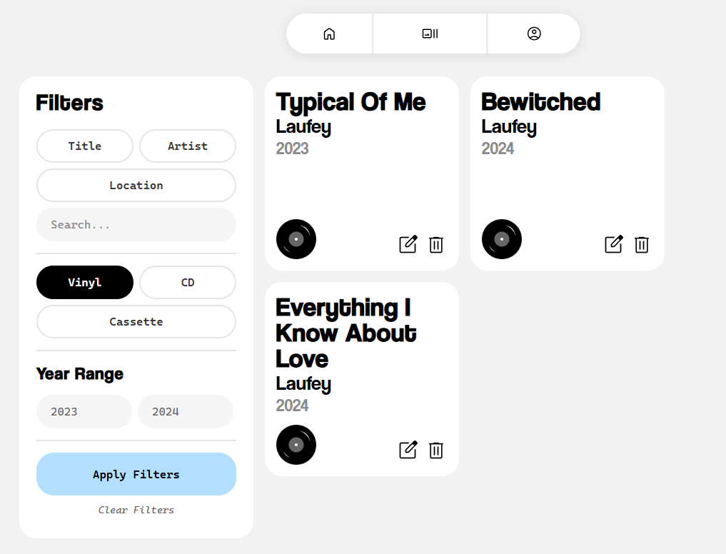 Physical Media Inventory Manager - Collection Page with Search and Filters