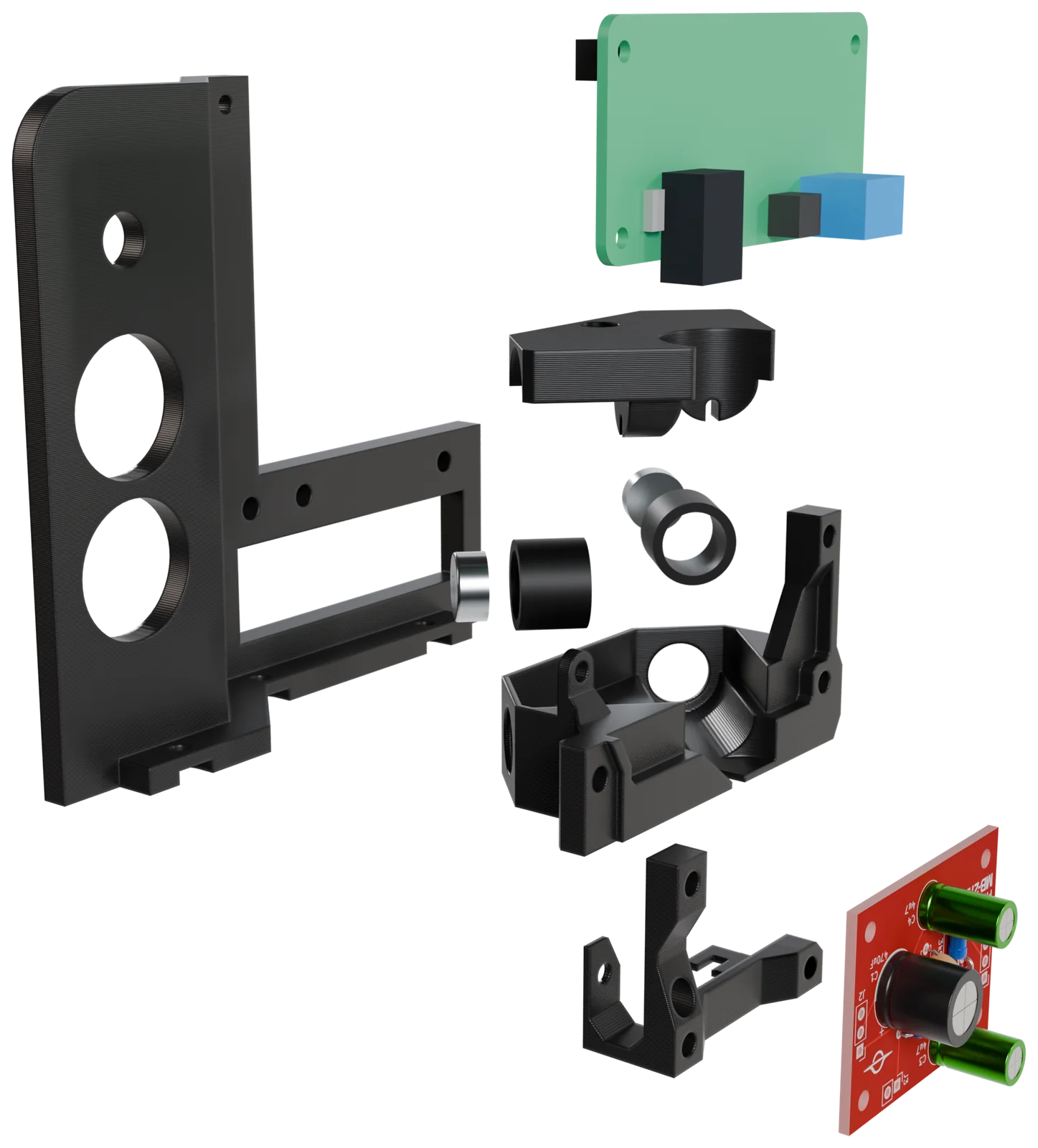Exploded render of the audio parts: the camera's front panel, the green Codec Zero, the printed mic housing in pieces with an EM272 capsule and its sleeve, and the red MB-272D board beside its bracket