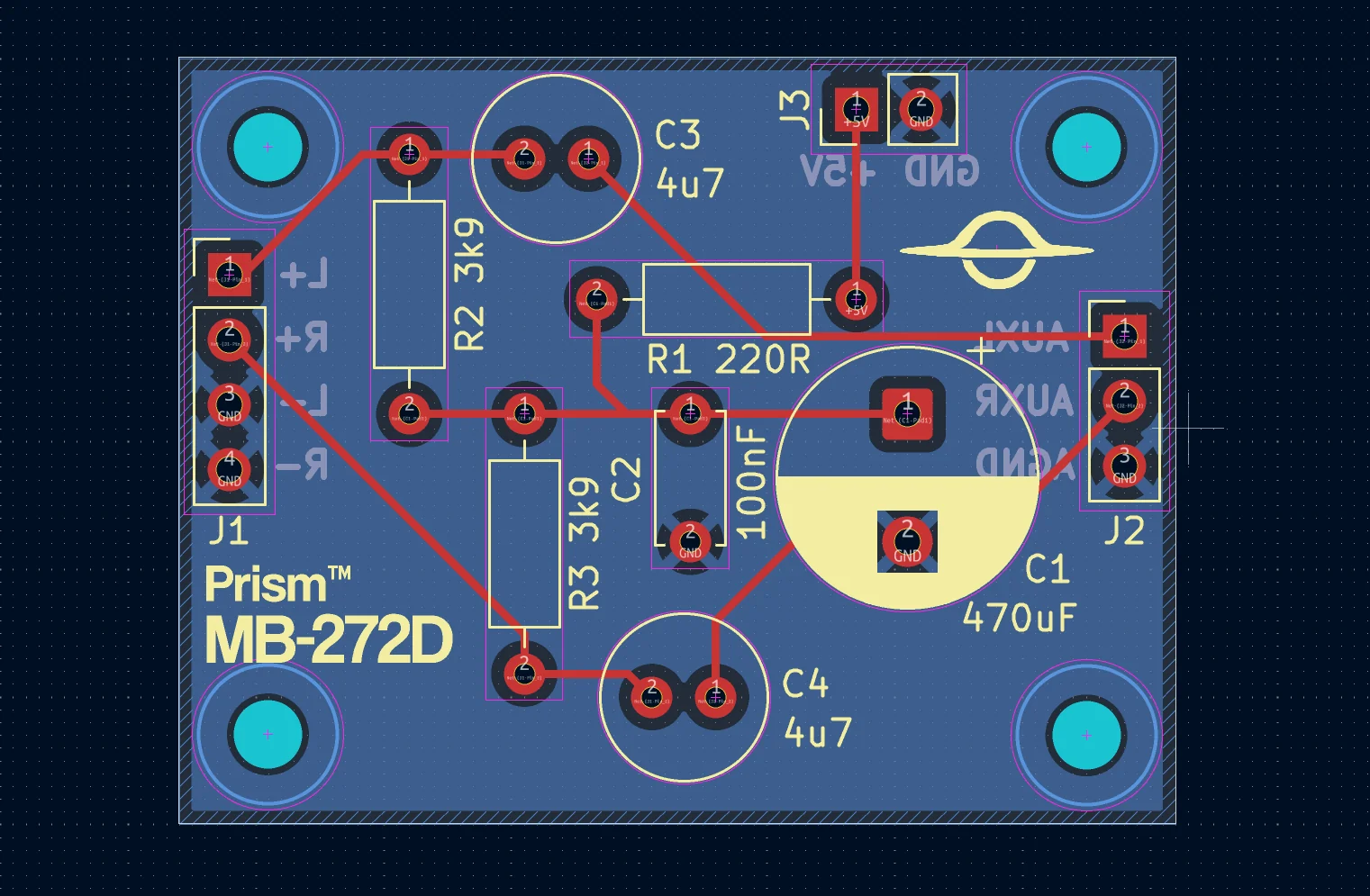 The MB-272D board layout in KiCad: a small board with four mounting holes, the mic connector on the left, the AUX output on the right, the 5V input at the top and Prism MB-272D printed in the corner