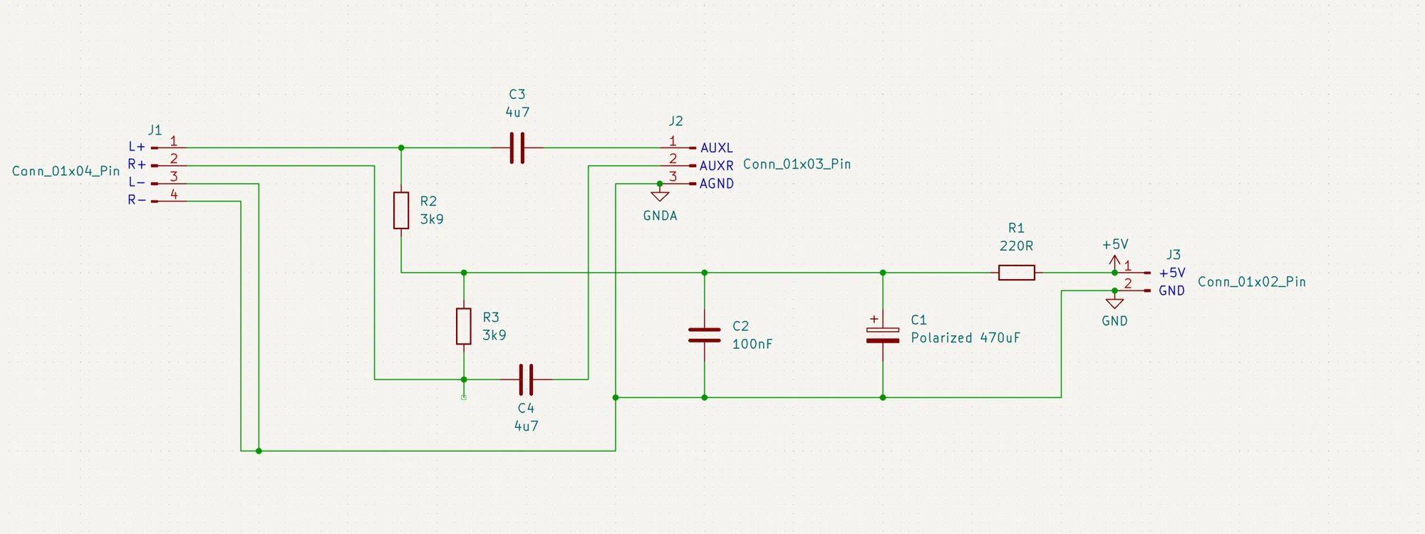 KiCad schematic of the MB-272D: the 5V supply through R1 220R, smoothed by C1 470uF and C2 100nF, feeding bias resistors R2 and R3 3k9 on the left and right mic inputs, with C3 and C4 4u7 carrying the sound on to AUXL and AUXR