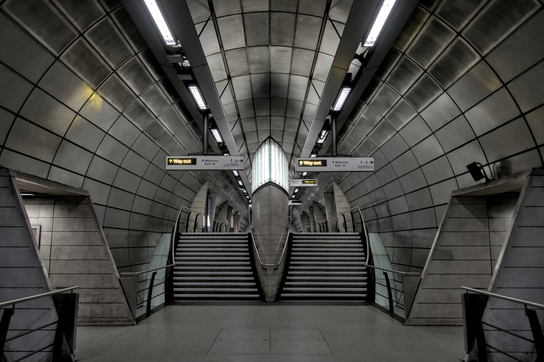 Southwark Underground Station - Symmetrical Tunnel and Stairs