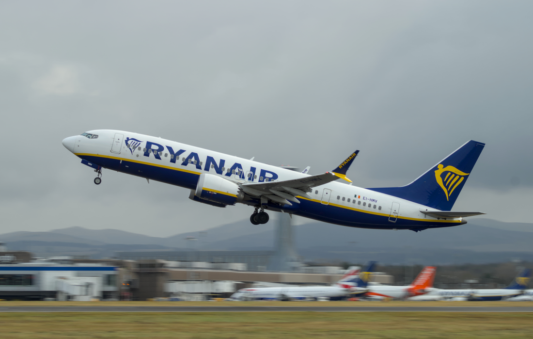 Edinburgh Airport - Ryanair Boeing 737 Taking Off, Panning Shot at Edinburgh Airport